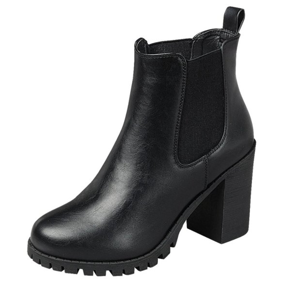 New Black Chelsea Elastic Chunky Heel Ankle Boots Booties - Picture 3 of 5